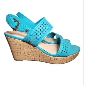 Liz Claiborne Wedge Sandals Kian Teal Blue Laser Cut Sz 6 Resortcore Whitelotus